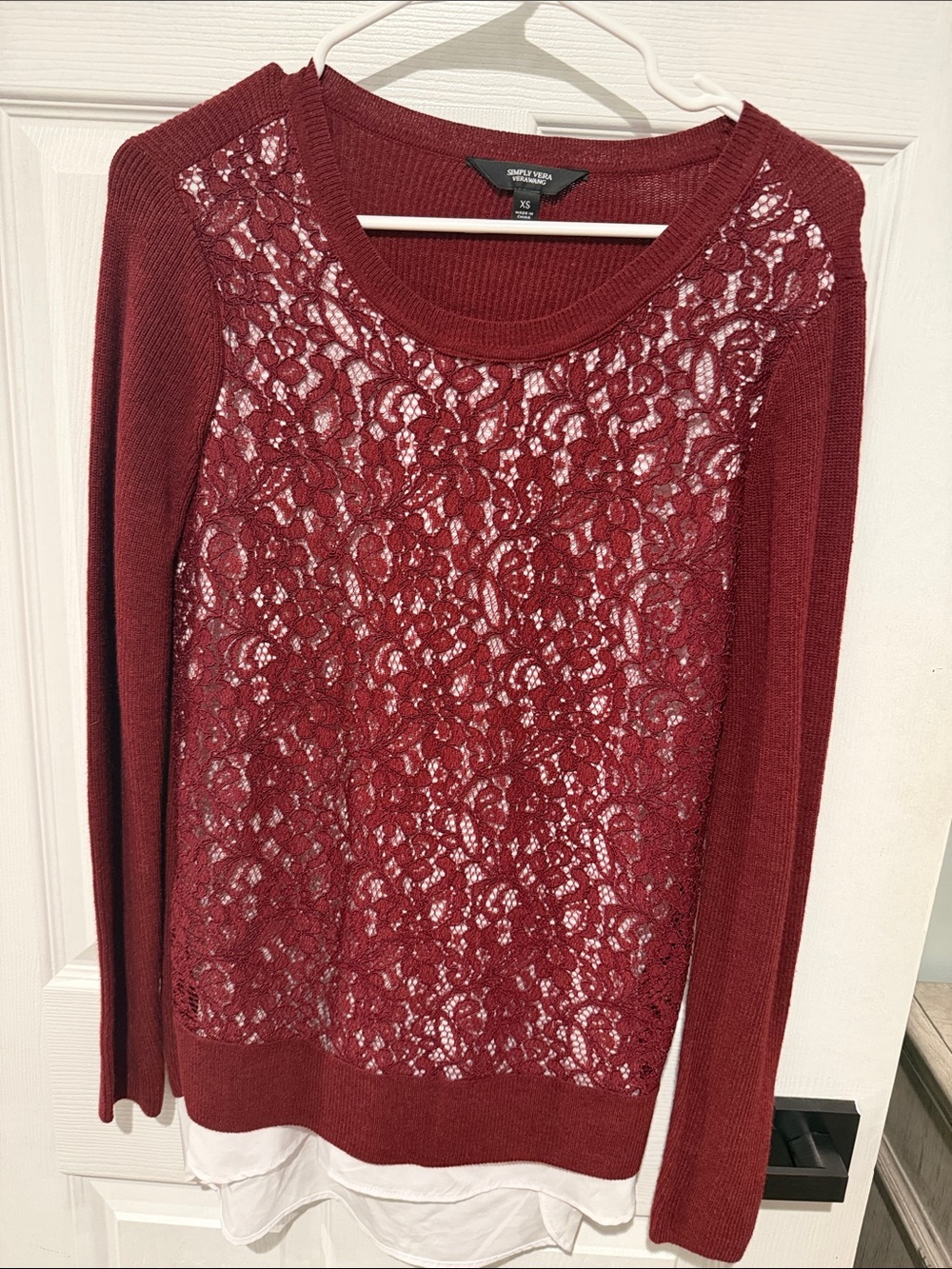 Simply Vera Vera Wang Burgundy Lace-Front Crewneck Sweater